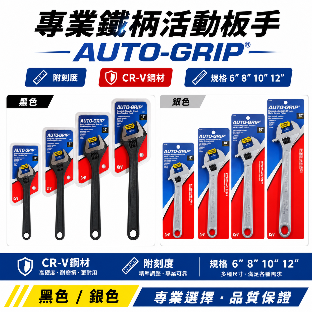 美國 AUTO-GRIP 奧斯登 USA｜6" 8" 10" 12"｜大開口活動扳手 鐵柄活動板手｜黑 銀色隨機出