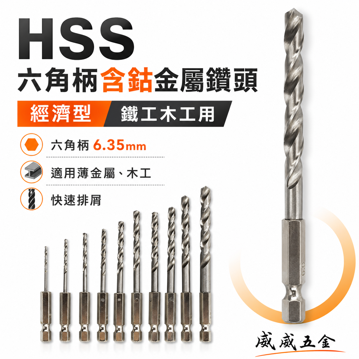 經濟型 無品牌 裸裝｜六角軸含鈷HSS鑽尾 六角柄金屬用鑽頭 鐵工木工用鑽尾 薄白鐵用鑽頭 六角軸金屬鑽頭