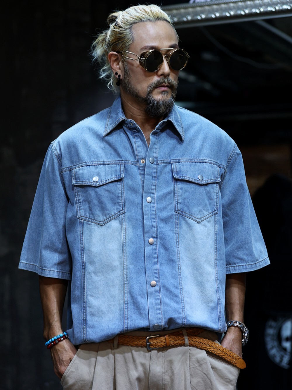 Washed denim short-sleeved shirt