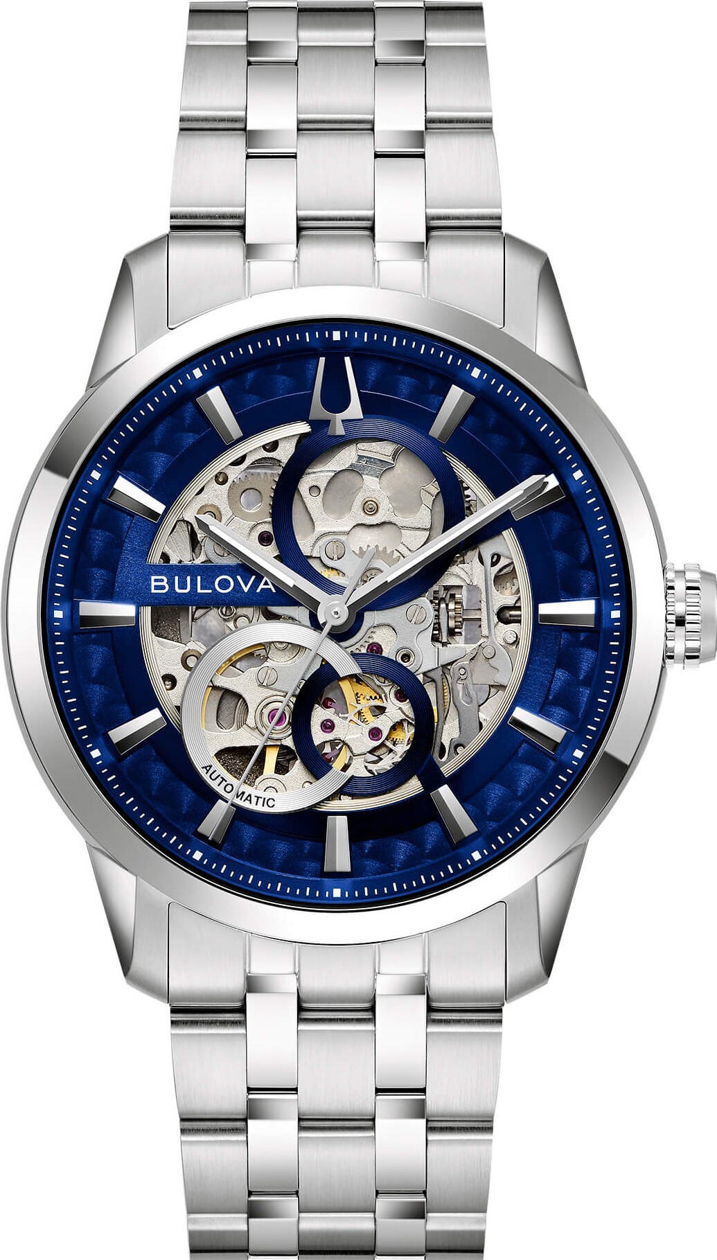 萬年鐘錶 - BULOVA 寶路華  紳士經典藍色鏤空錶盤不鏽鋼機械男錶  96A331  錶徑 40MM
