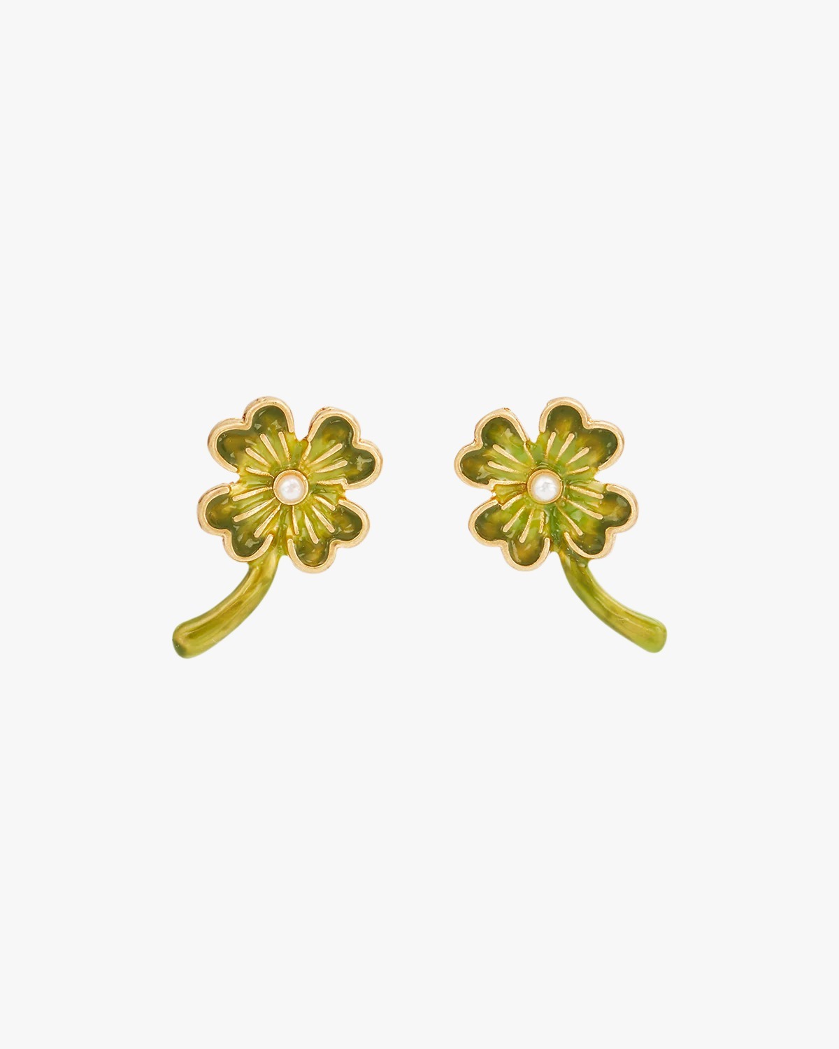 英國代購 -FABLE ENGLAND Gold Lucky Clover & Pearl Stud Earrings