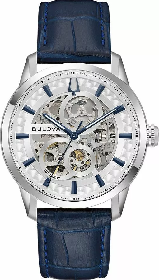 萬年鐘錶 - BULOVA 寶路華  紳士經典銀色鏤空皮革錶帶機械男錶  96A330  錶徑 40MM