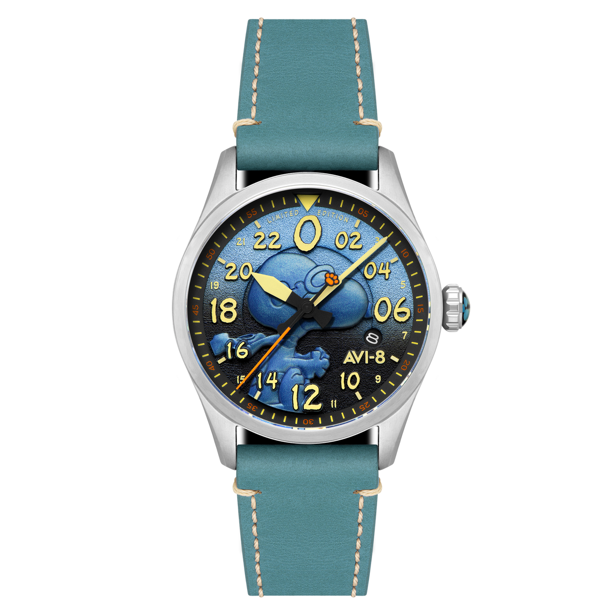 AVI-8 Spitfire Peanuts Snoopy Flying Ace 24 Hour Automatic Limited Edition Azure Blue AV-4150-03