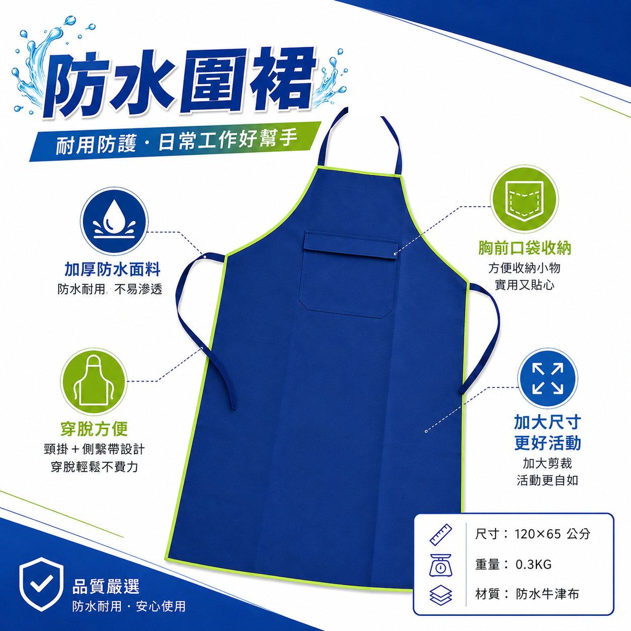 藍色｜除草圍裙 胸前加大口袋 尺寸加大 割草用防護圍裙 割草機圍裙 護裙 防水面料圍裙 牛津布｜龍師父