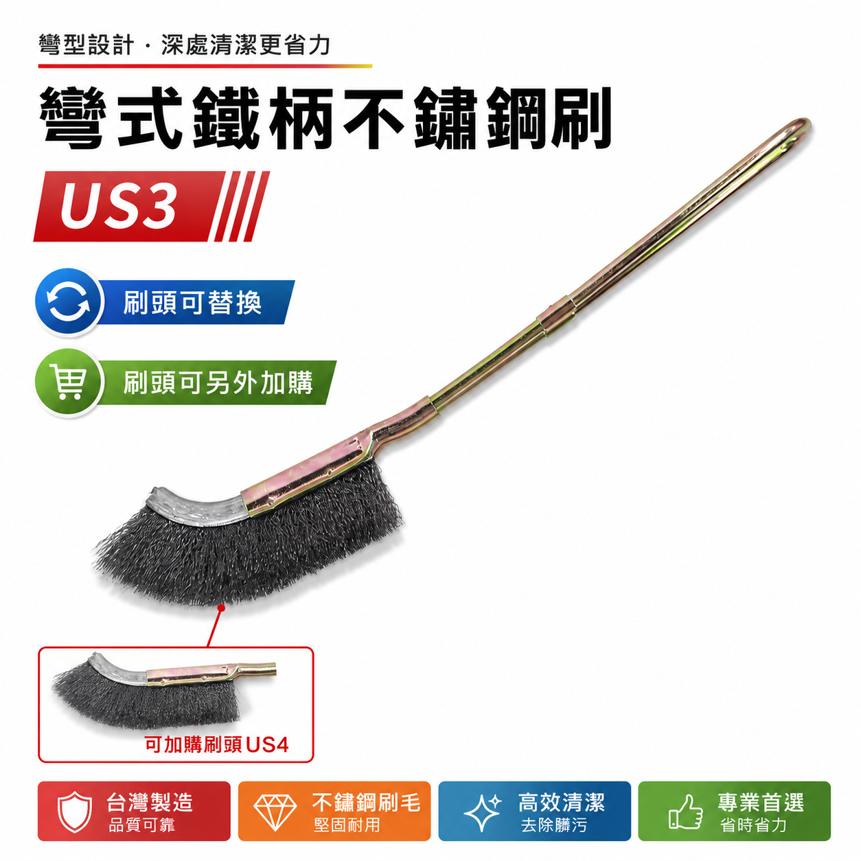 台灣製｜彎式鐵柄不鏽鋼刷｜彎型直型-鐵柄白鐵刷 U型金屬握柄不銹鋼毛刷 除鏽拋光污垢刷｜刷頭可加購｜US3