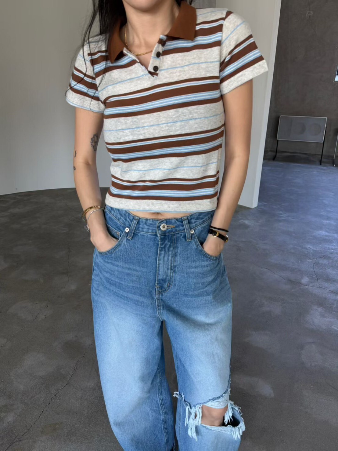 三開釦橫條POLO衫