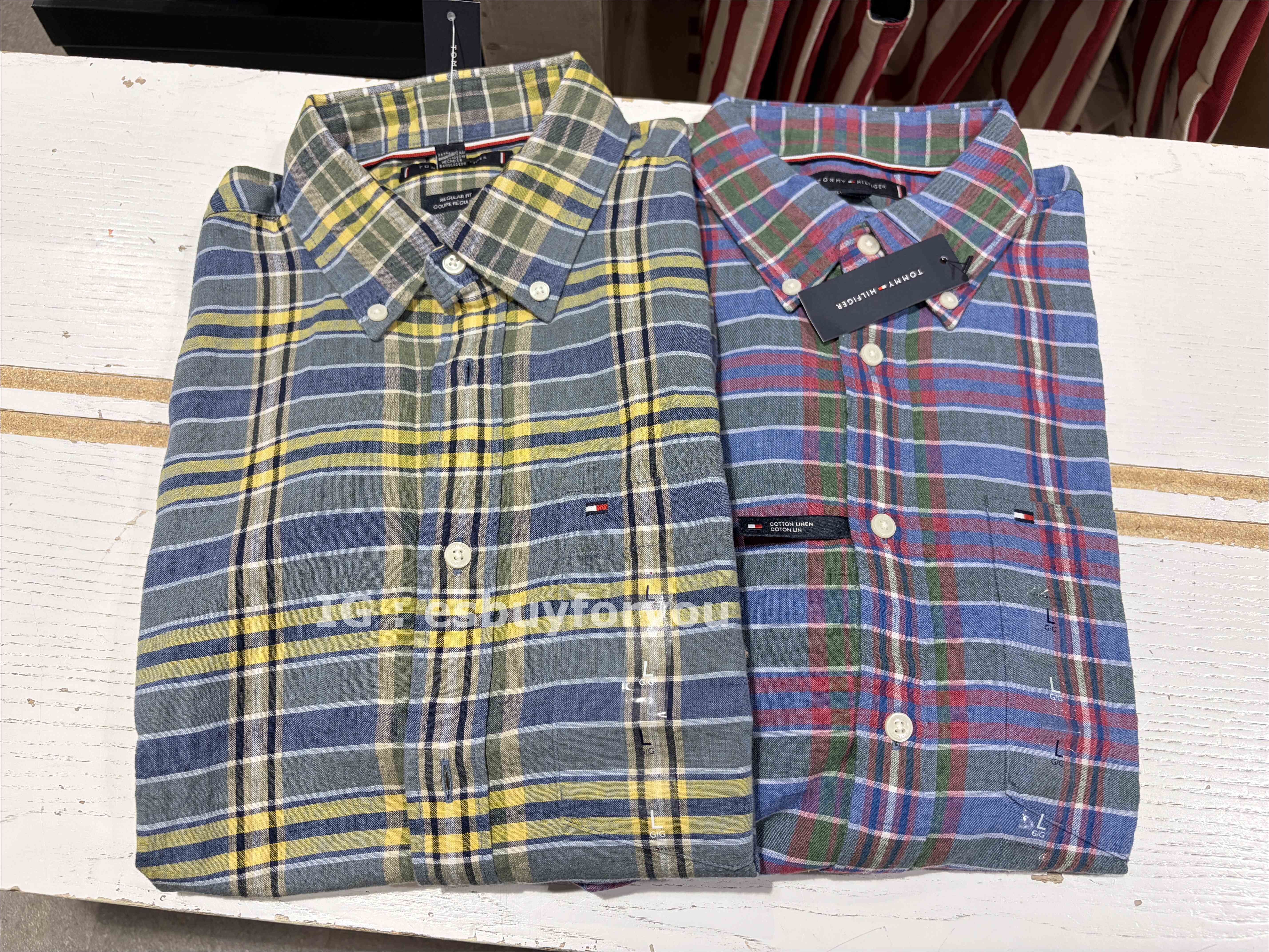 TOMMY 男大人 棉麻材質 格紋 短袖 襯衫 (2色)