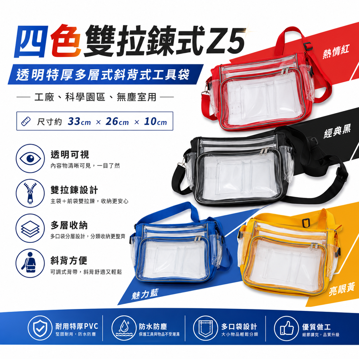 四色-雙拉鍊式 Z5｜透明特厚多層式斜背式工具袋 工作包 側背式無塵包 透明包 無塵室用背袋 工具包