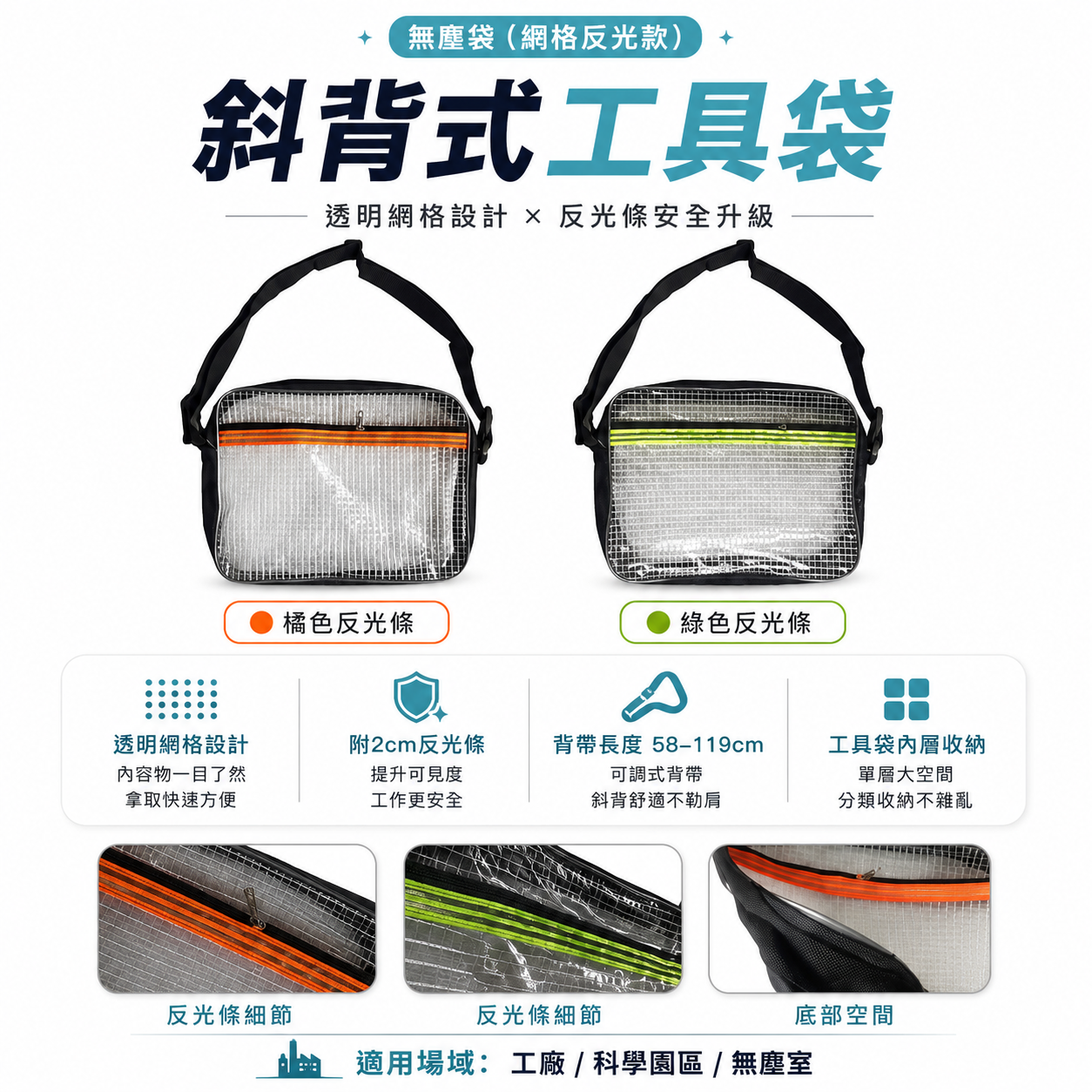 條紋綠色反光條 Z2｜無塵室用背袋 夾網透明無塵袋 斜背式工具袋 側背式無塵包 科學園區收納網格包