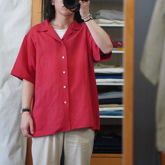 LAST PCS: A.PRESSE 2026 VINTAGE SILK LINEN OPEN COLLAR SHIRT S/S (26SAP-02-09) - RED PRE ORDER ITEM (預訂中)