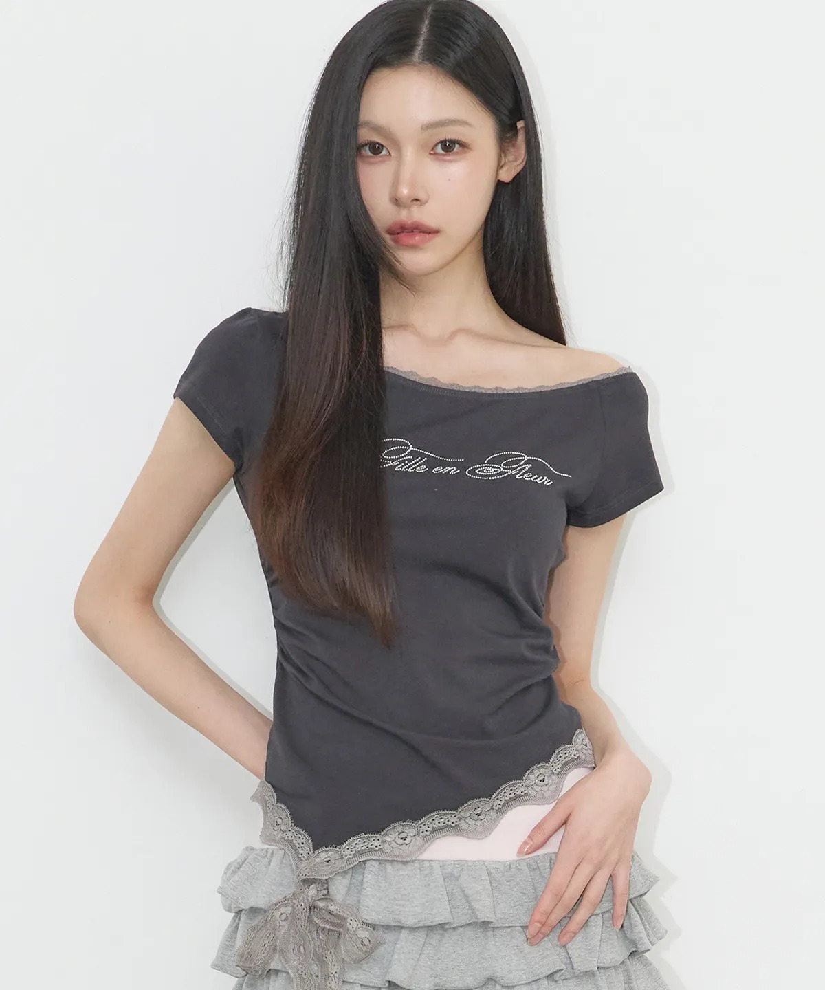 ILLIGO Lace Boat Neck Shirring Top
