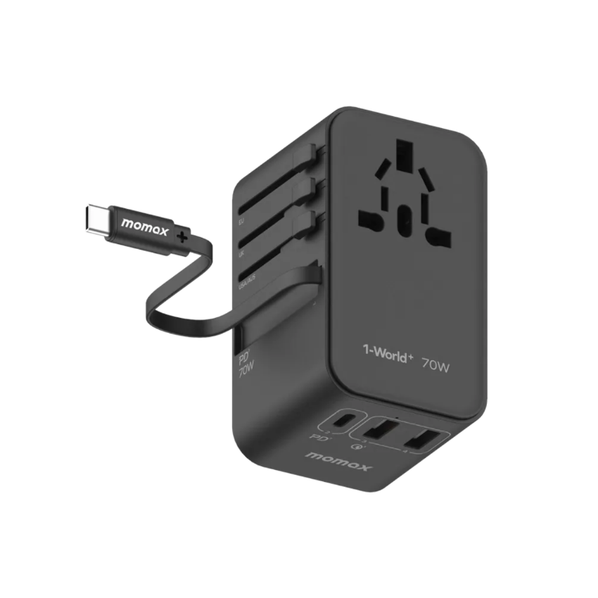Momax 1-World+ 70W GaN 3插口及內置伸縮USB-C充電線旅行插座