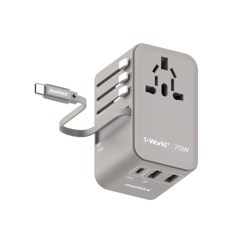 Momax 1-World+ 70W GaN 3插口及內置伸縮USB-C充電線旅行插座