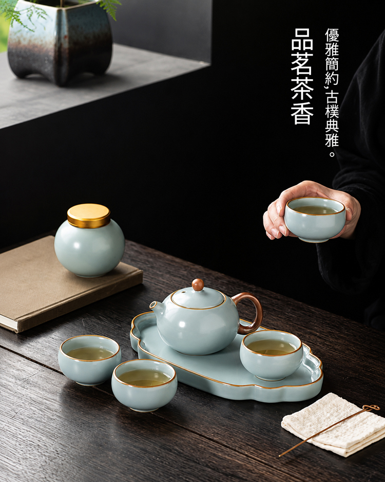 鹿港窯汝窯旅行茶具組|便攜式乾泡盤・龍蛋壺/西施壺・優雅送禮茶禮