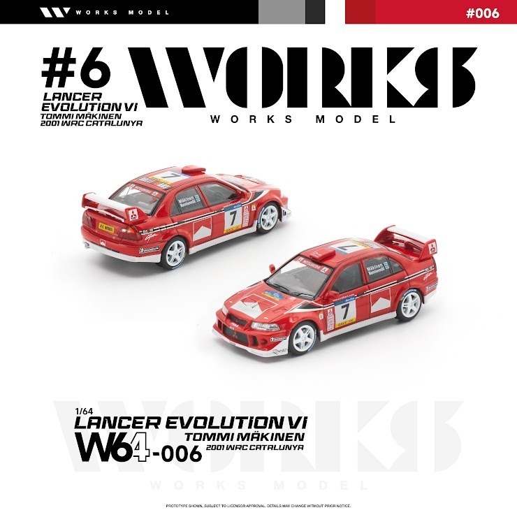 PO-$90 * WORKS MODEL * 1:64 MITSUBISHI LANCER EVOLUTION VI TOOMI MAKINEN 2001 WRC CATALUNYA