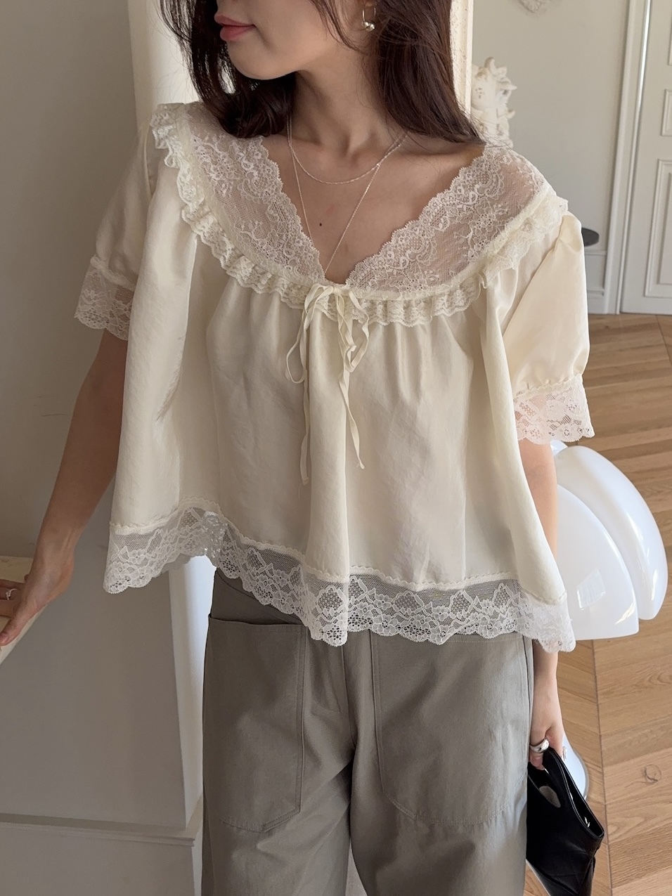 M63/ 蕾絲荷葉領公主短袖上衣