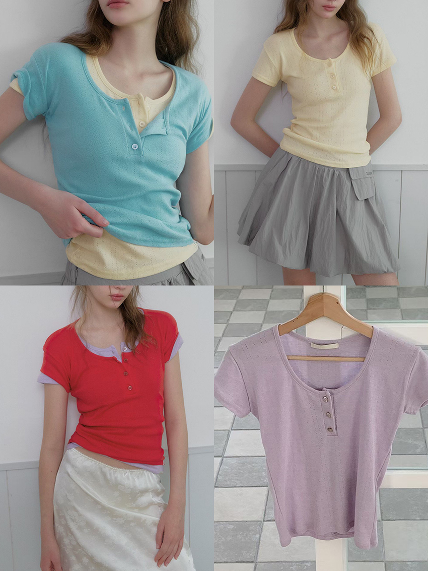 pointelle round-neck button waist top