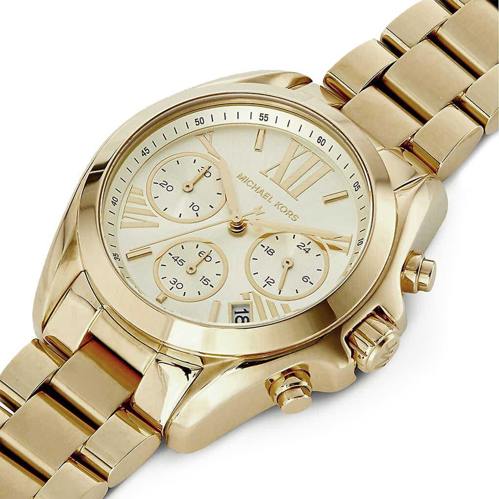 【Michael Kors】MK5798 經典 羅馬數字大時標 三眼 計時 日期顯示 不鏽鋼 閃耀金 女款 石英錶