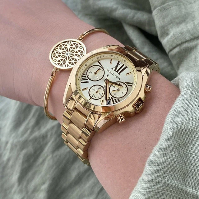 【Michael Kors】MK5798 經典 羅馬數字大時標 三眼 計時 日期顯示 不鏽鋼 閃耀金 女款 石英錶