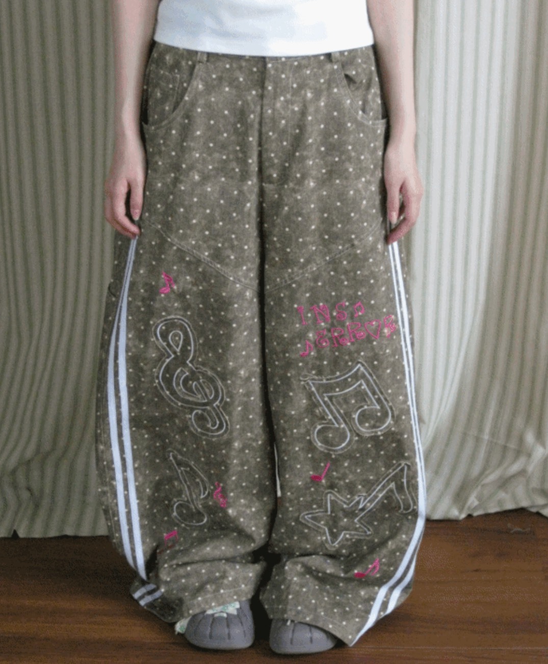 點點刺繡彎刀褲 點點褲 點點寬褲 彎刀褲 闊腿褲
