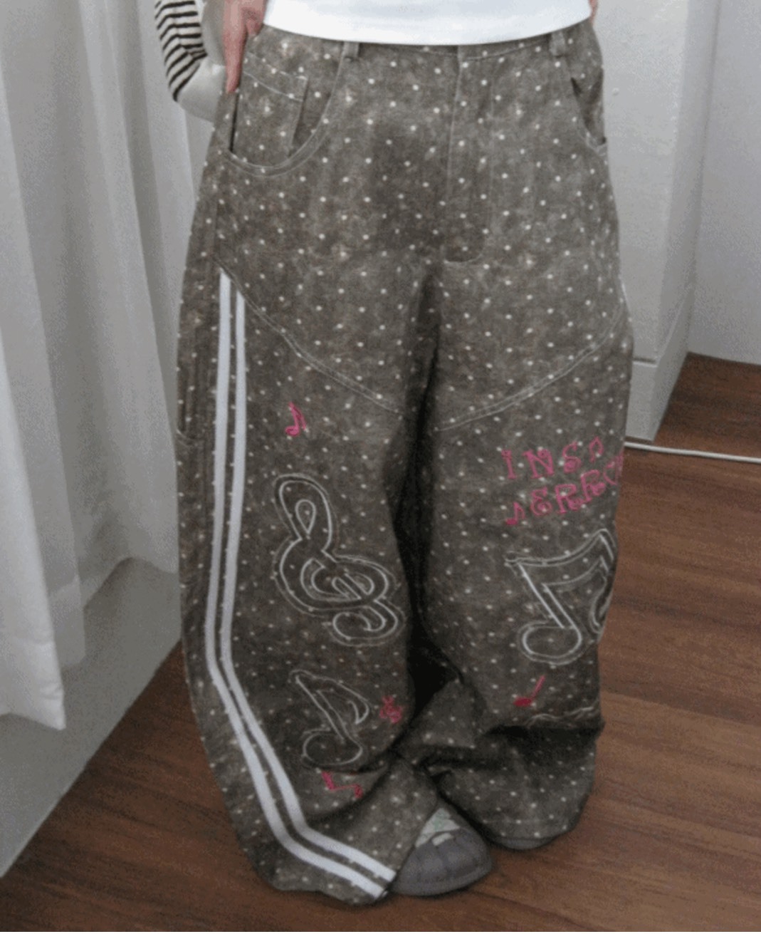 點點刺繡彎刀褲 點點褲 點點寬褲 彎刀褲 闊腿褲