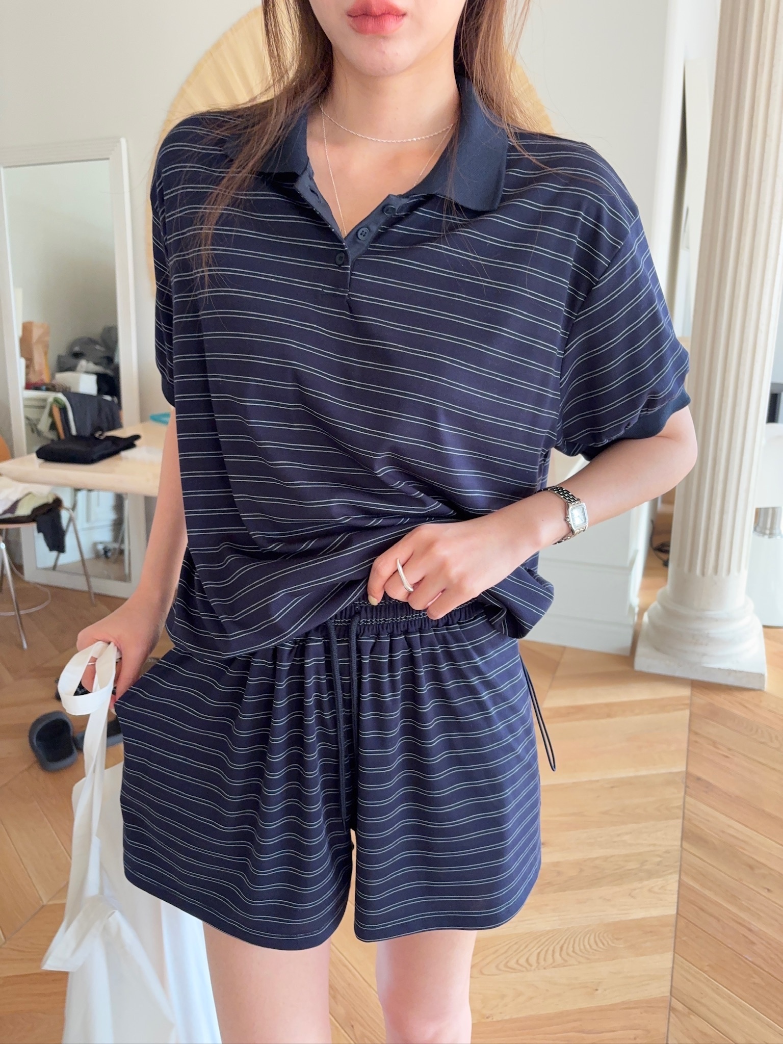 M26/ 條紋Polo領短袖上衣+短褲 SET