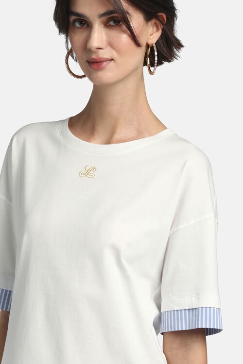 1LS0511-042 [LUISA SPAGNOLI] Baiadera 疊層效果T卹 Panna_VarCeleste Bianco(0202 3189) #543155 (EU)