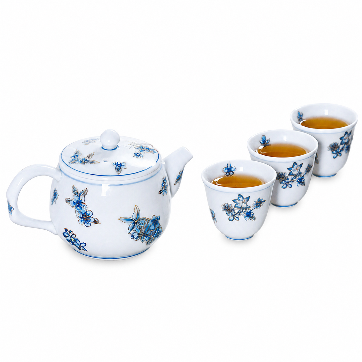 手繪金絲藍花幸福茶組4入禮盒套裝(1壺3杯)