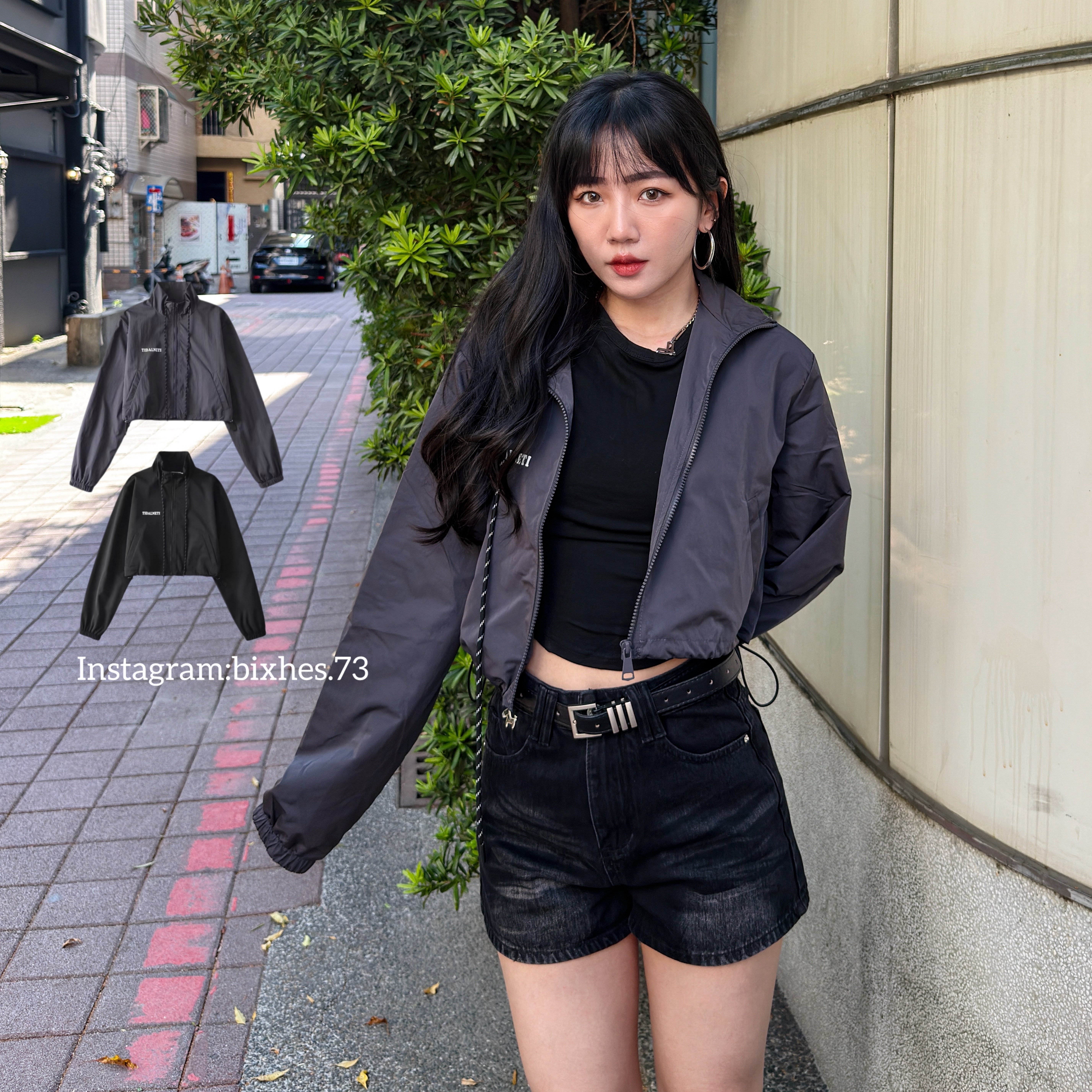 簡約立領寬短風衣外套(F00057)