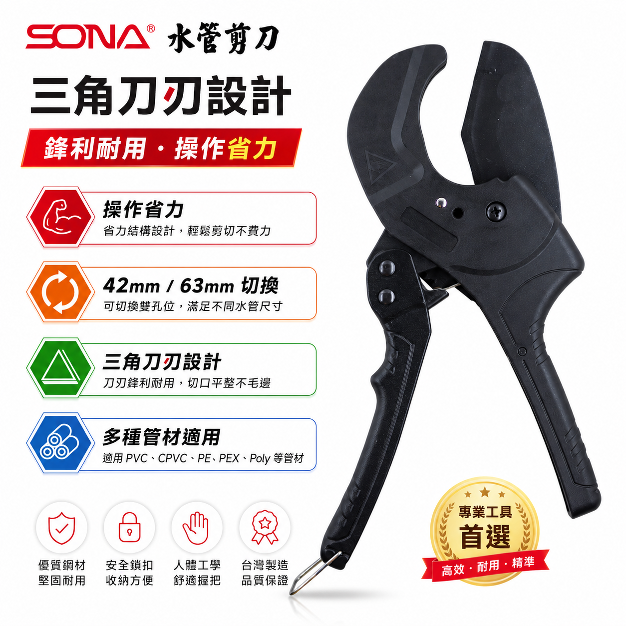 旺鴻 SONA｜雙規格 42mm 63mm 三角刀刃水管剪刀 塑膠管 PVC管 可調式水管剪刀｜WH-236