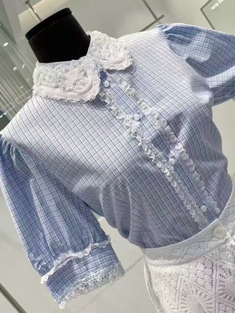 藍色格子蕾絲領襯衫
