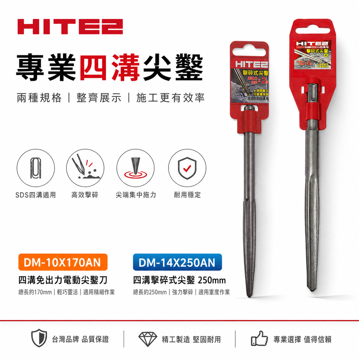 HITE2｜170mm 250mm 四溝柄破壞鑿 四溝軸小尖鑿｜免出力電動尖鑿刀 水泥鎚鑿 擊碎式 長型尖鑿｜170mm型號DM-10X170AN｜250mm型號DM-14X250AN
