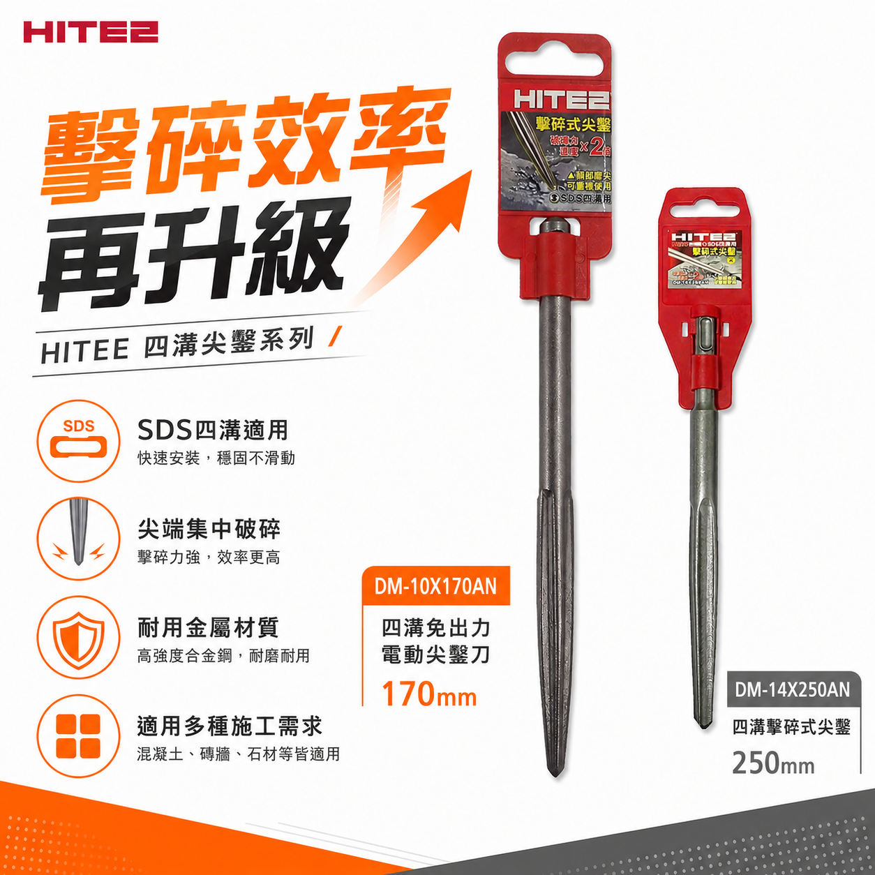 HITE2｜170mm 250mm 四溝柄破壞鑿 四溝軸小尖鑿｜免出力電動尖鑿刀 水泥鎚鑿 擊碎式 長型尖鑿｜170mm型號DM-10X170AN｜250mm型號DM-14X250AN