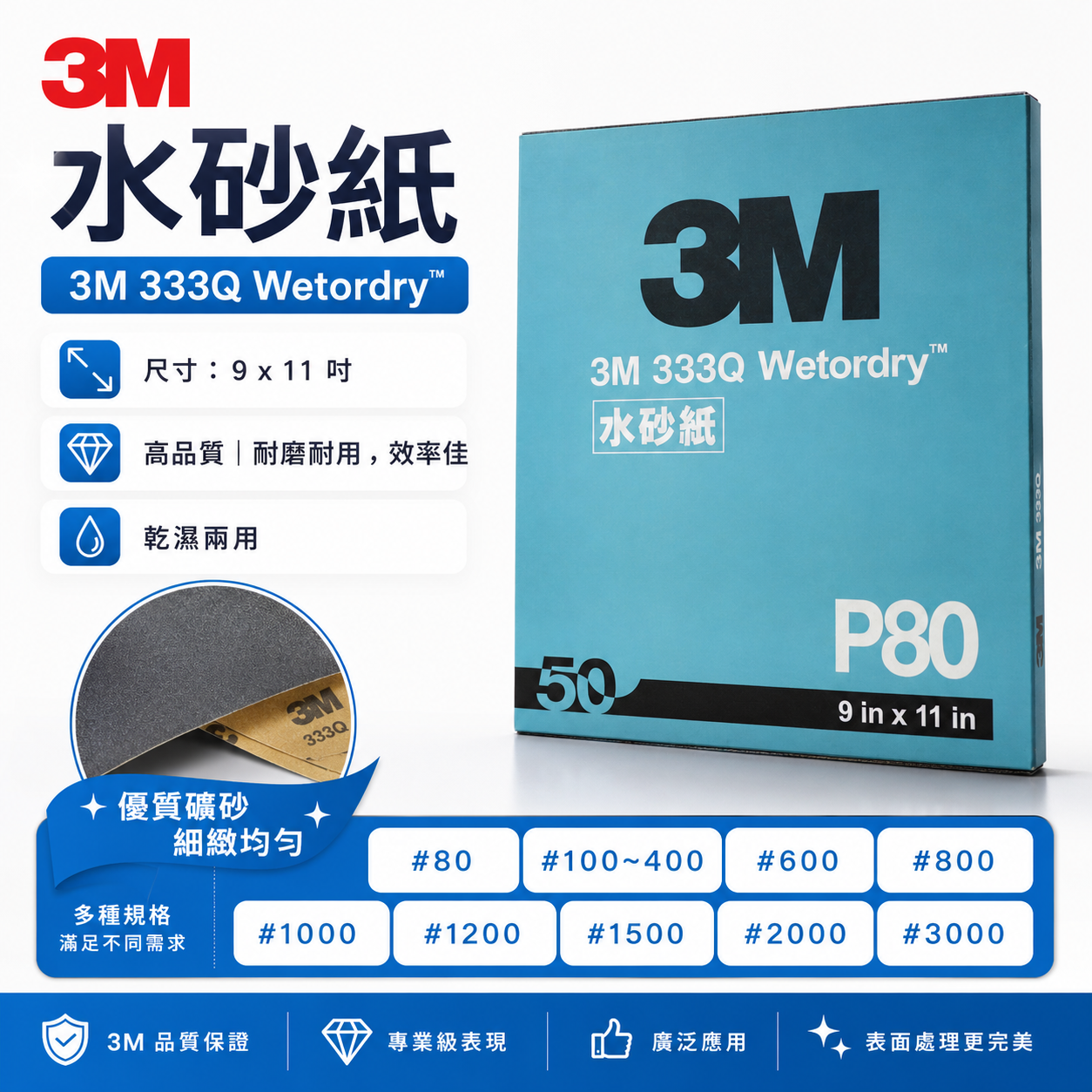 每本 50張｜3M 333Q 美國製｜乾、溼兩用水砂紙 高品質 表面加工 精細研磨 效率快 乾濕兩用｜公司貨