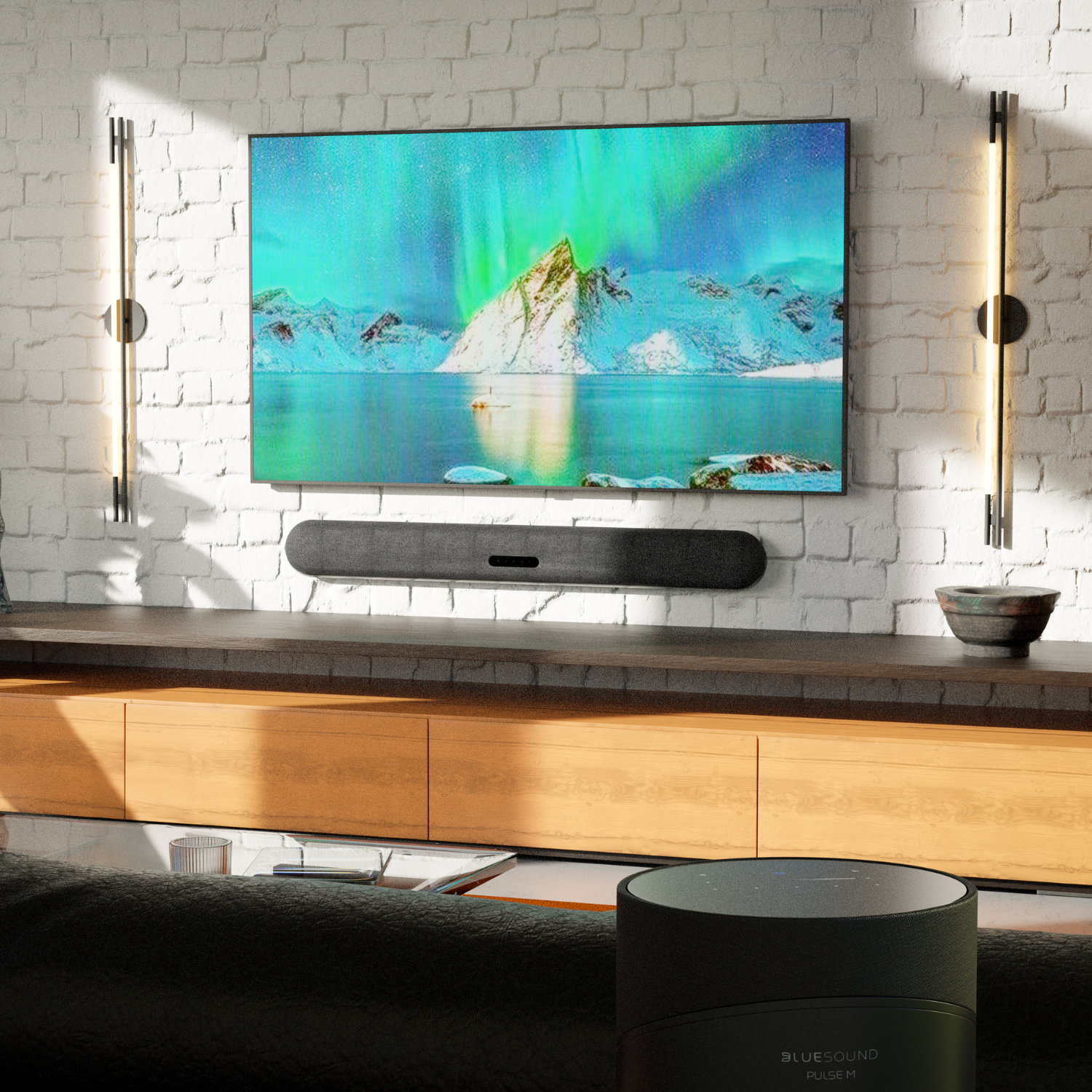 Bluesound PULSE CINEMA Soundbar on wall with TV