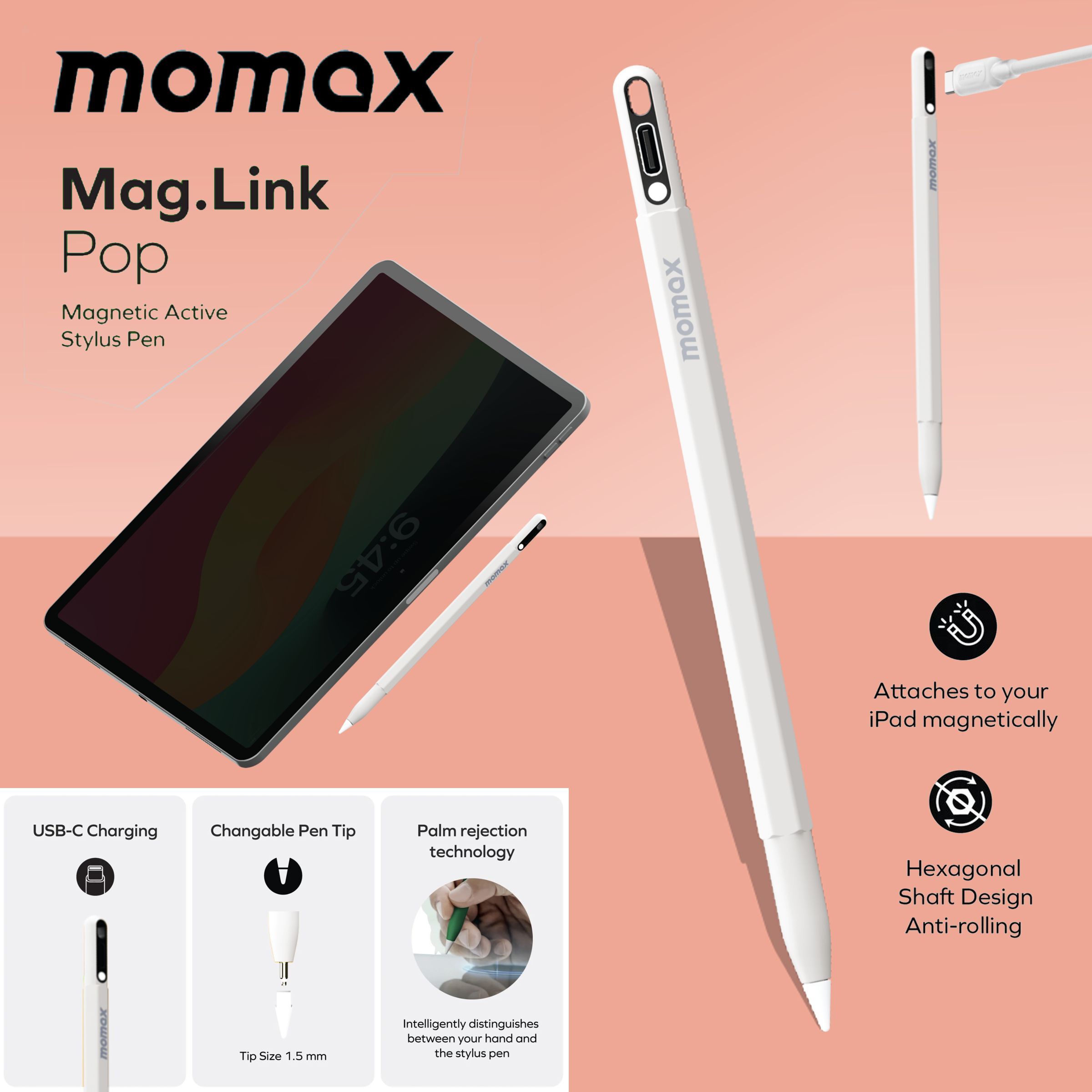 MOMAX Mag.Link Pop 主動式電容觸控筆 (白色) TP10E《香港行貨》《2年保養》