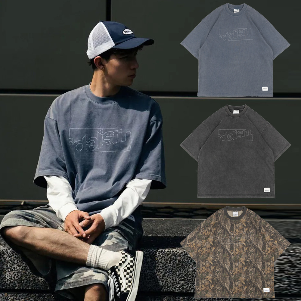 idealism Stitch Tee 黑色 藍色 樹葉 水洗 做舊 繡字 短T【ID26001】