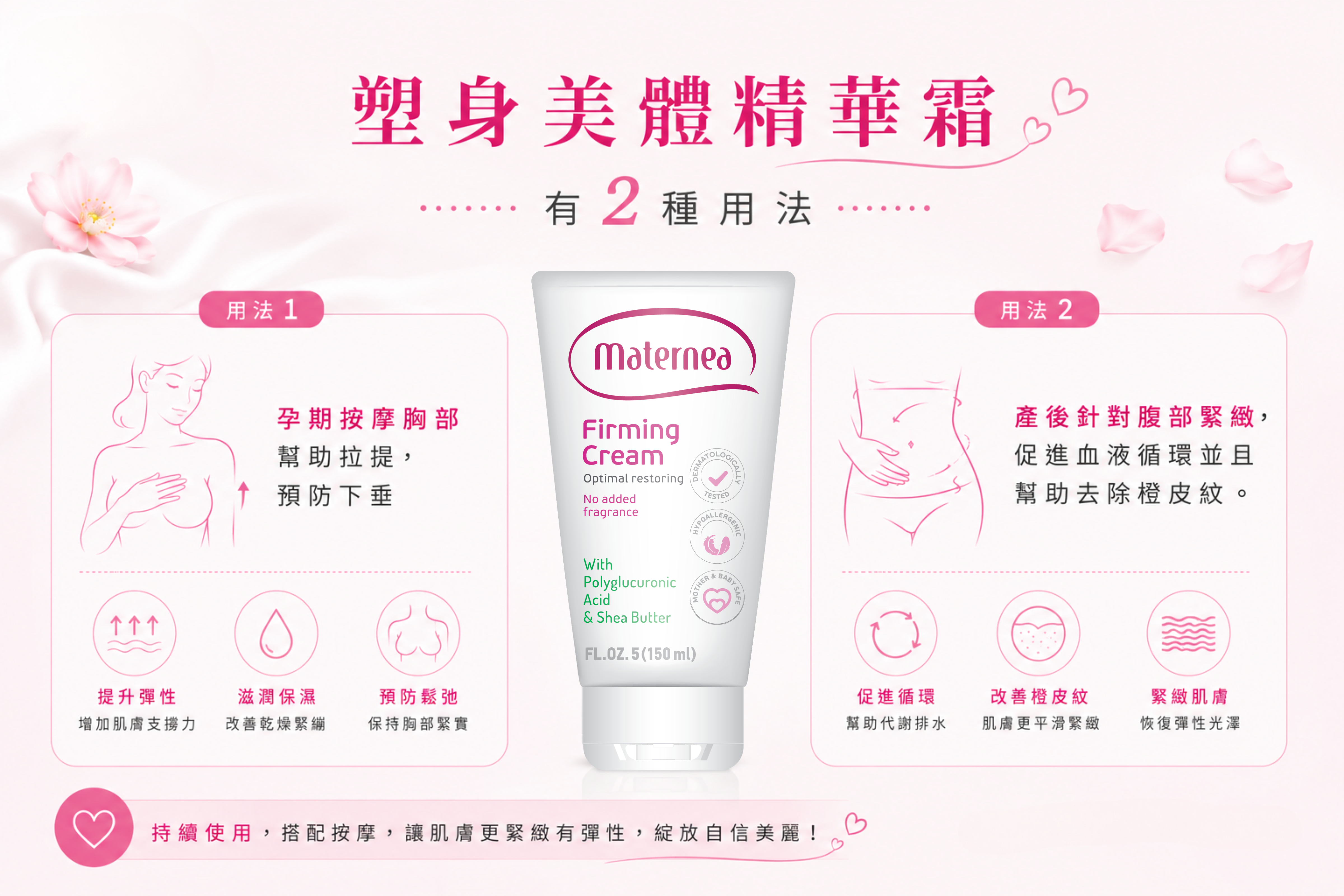 Maternea 塑身美體精華霜改善懷孕產後肌膚彈性及緊緻度，修復孕期間受損的皮膚組織，如妊娠紋、肚皮紋。Polyglucoronic acid 成份經臨床證實有效減淡橙皮紋，修復因過度擴張而受損的皮膚，加速皮膚復原及幫助回復產前體態。