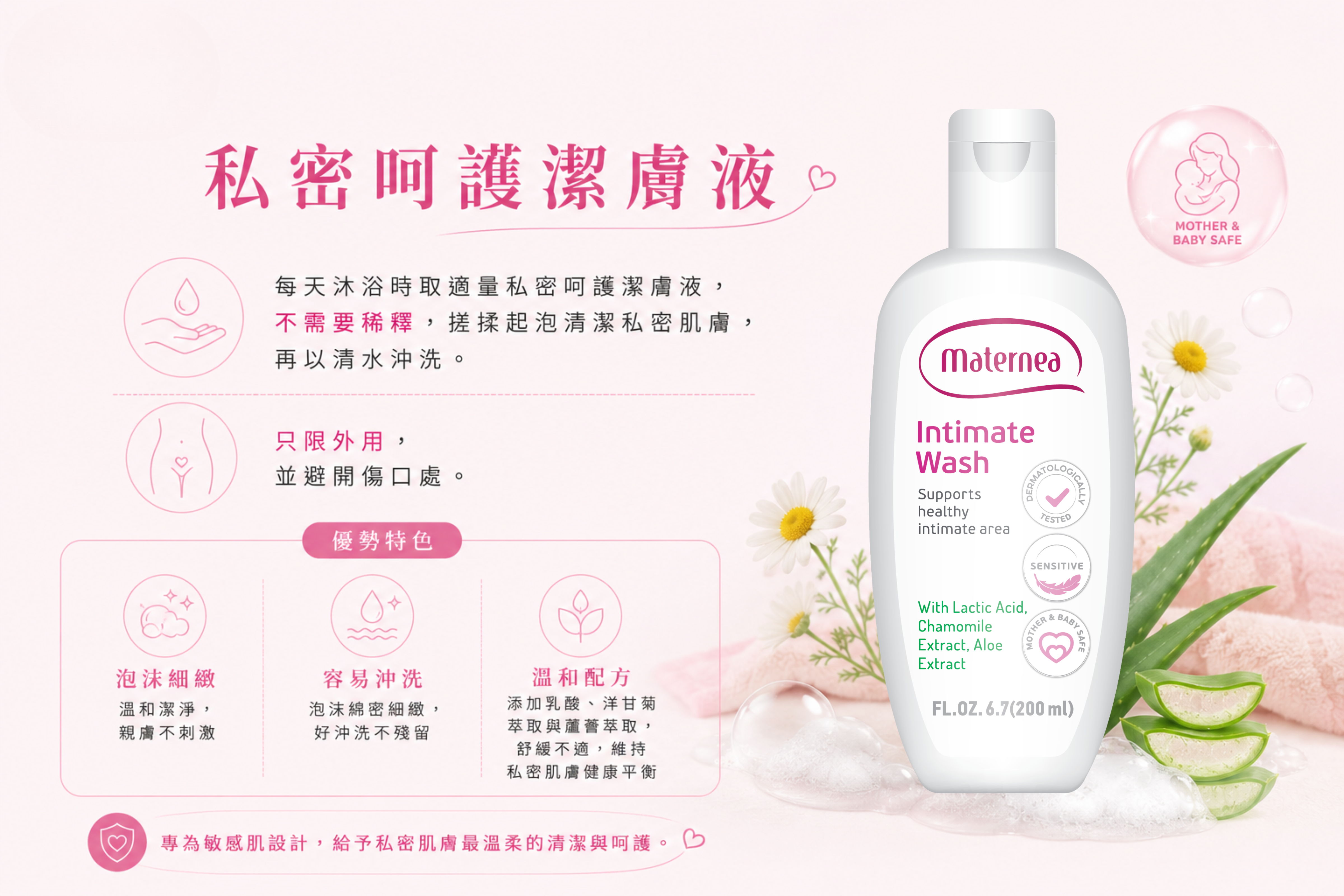 Maternea 私密呵護潔膚液專為懷孕媽媽而設私密處保養，經檢驗通過48小時白色念珠菌99.99%抗菌效果，