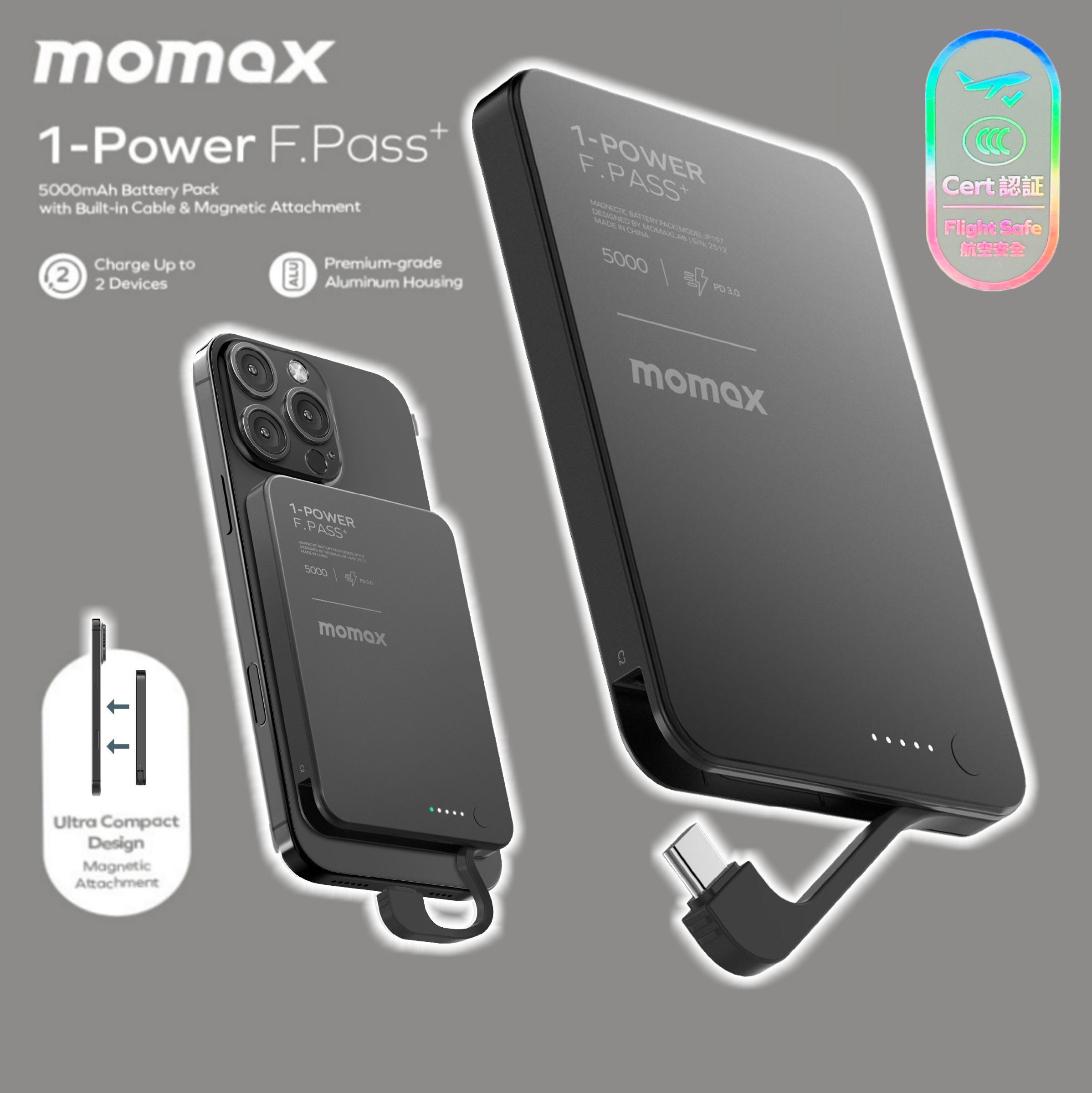 MOMAX 1-Power F.Pass+ 5000mAh 磁力帶線流動電源 黑色  #IP157D《CCC認證》《香港行貨》《2年保養》