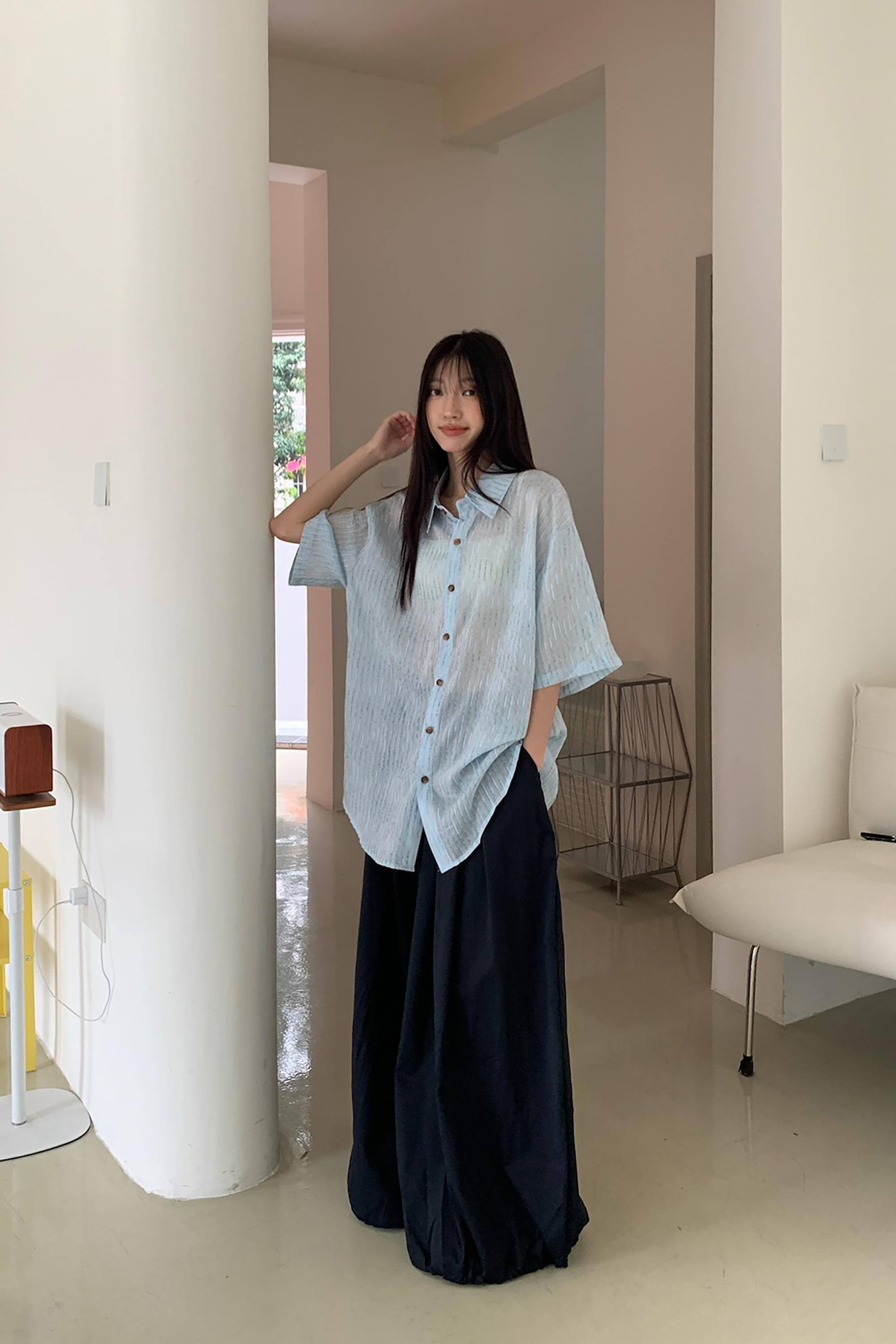 May｜彩色線條感雪紡短襯 2色