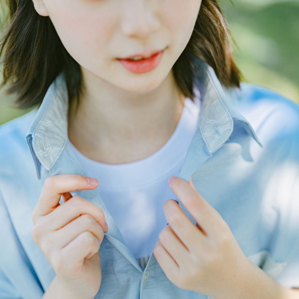 印花樂短袖拼接襯衫/玻璃海棠/晴天藍
