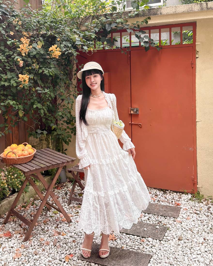 LINA LINA淺嚐浪漫荷葉外套刺繡洋裝兩件組-仙氣白