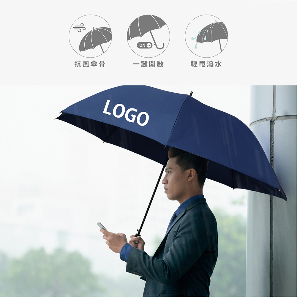 上方圖示標示商品的三個特點：抗風傘骨，一鍵開啟，輕甩潑水