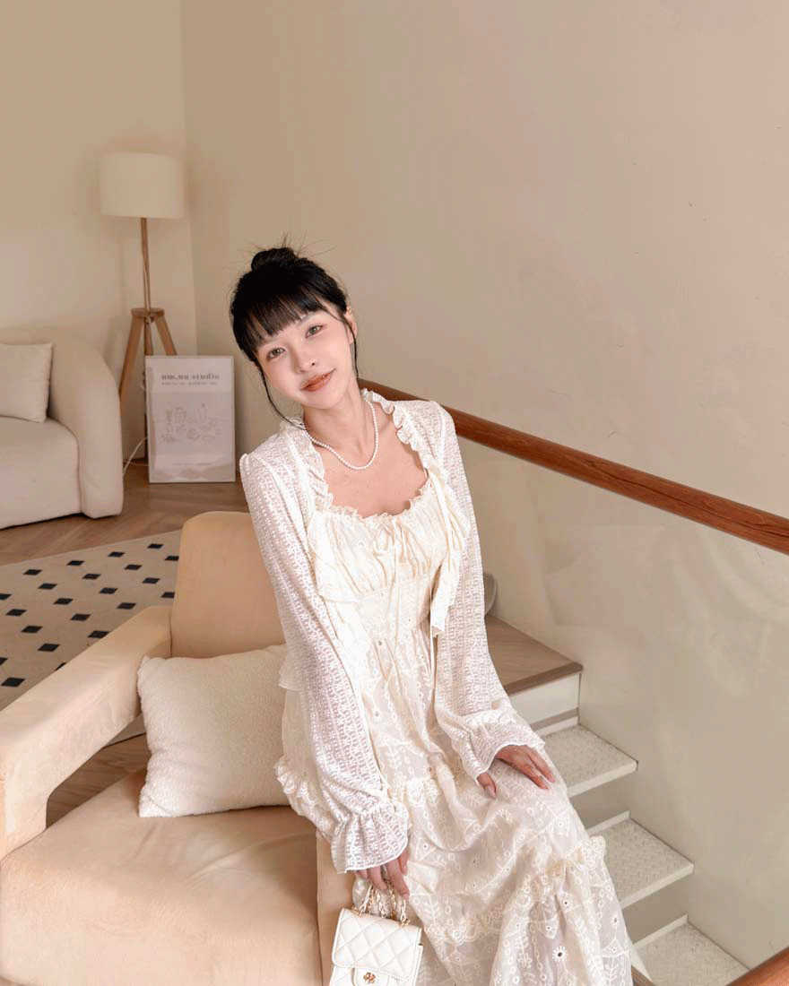LINA LINA淺嚐浪漫荷葉外套刺繡洋裝兩件組-奶油杏