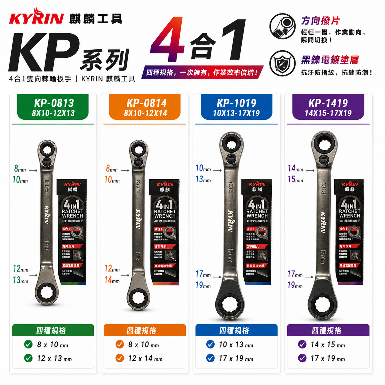 KYRIN 麒麟工具｜4合1 雙向棘輪板手 KP系列｜正逆轉梅花棘輪扳手 雙向棘輪板手 棘輪梅花扳手｜台灣製