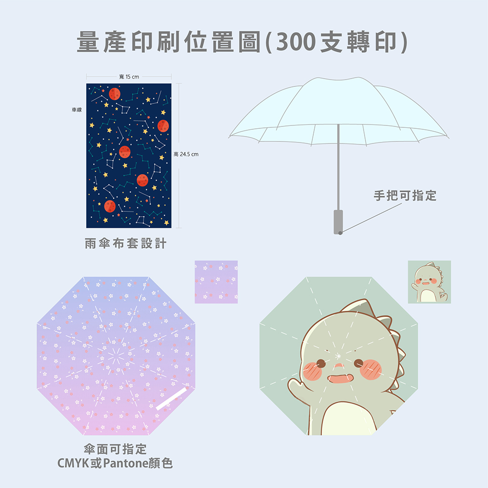 量產印刷位置圖(300支轉印)，雨傘布套設計，手把可指定，傘面可指定CMYK或Pantone顏色