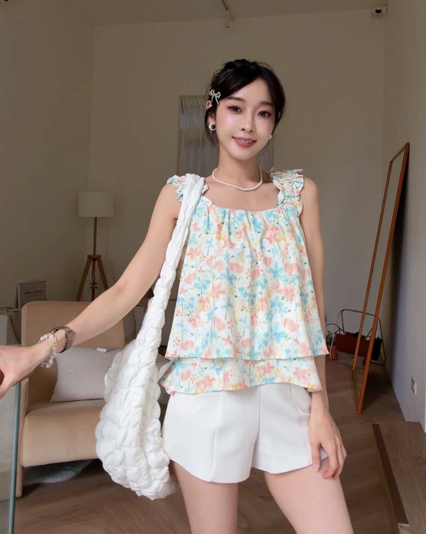 LINA LINA亮彩美色暈染花卉荷葉袖層次上衣-綠X橘