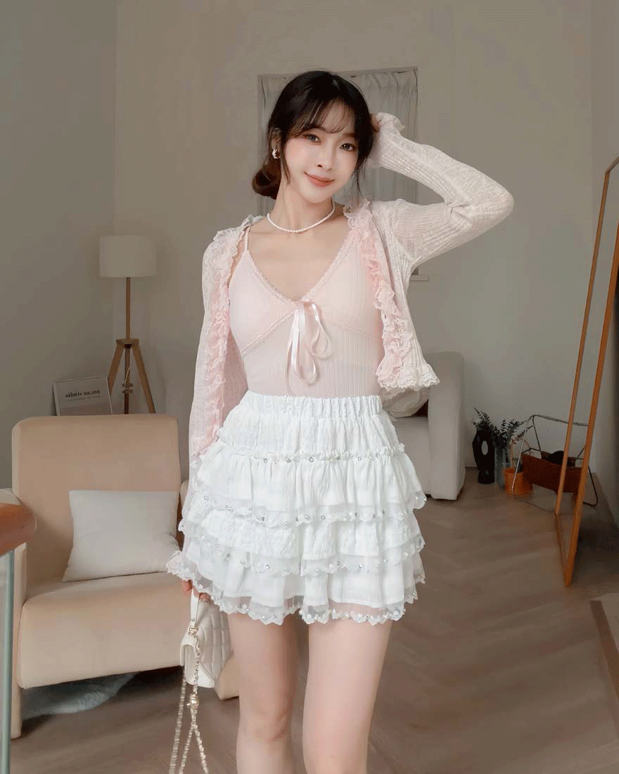LINA LINA心動節奏蕾絲外套蝴蝶結背心兩件組-甜美粉