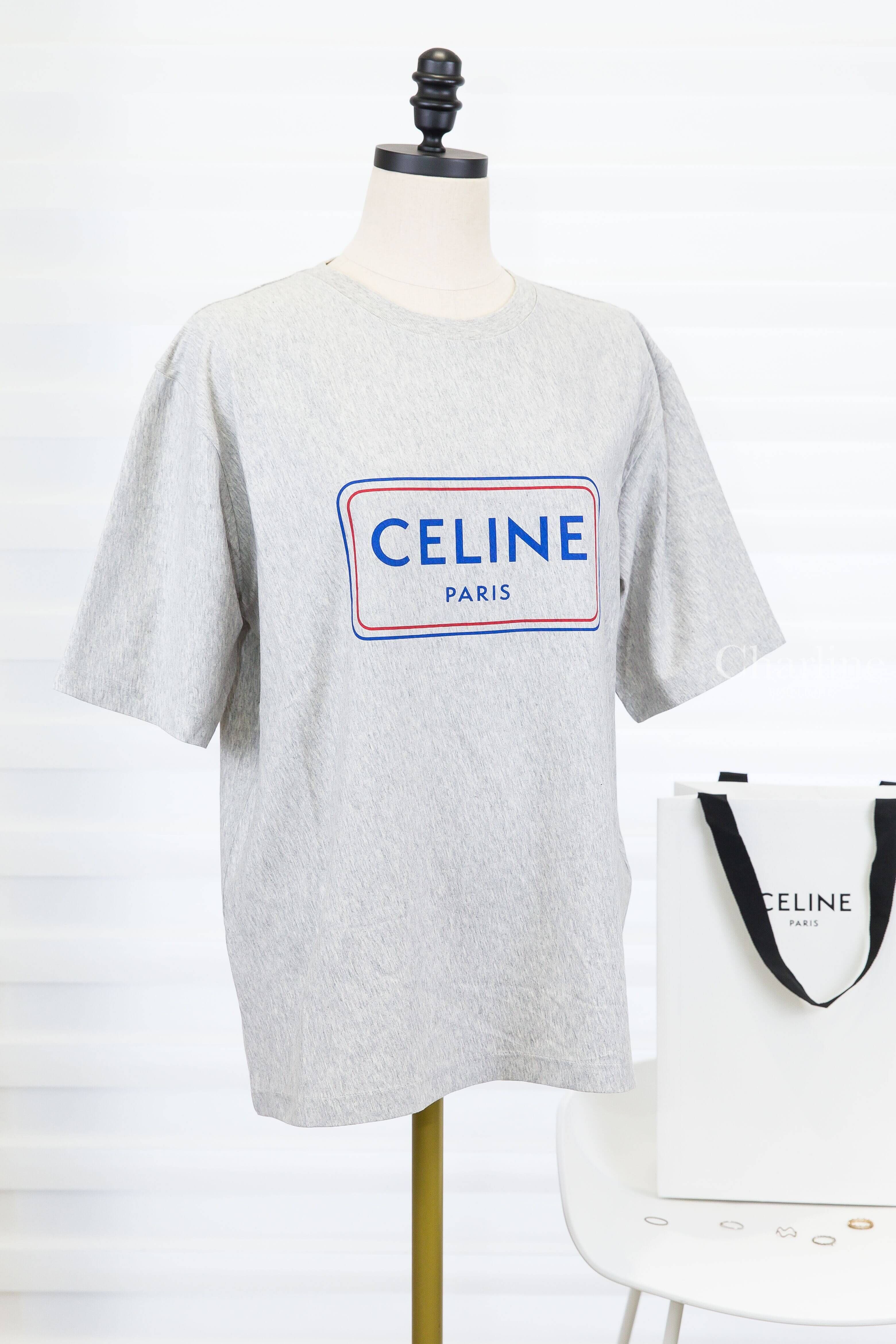 Celine Loose T-shirt In Cotton Jersey 灰底藍紅線條方框藍色字母 Logo 短袖棉T-Charline Boutique 精品代購